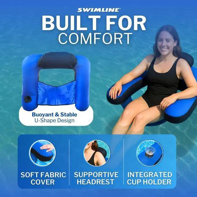 Alt view image 2 of 7 - ORIGINAL Fabric Covered U-Seat Inflatable Pool Lounger | With Comfortable Sling Seat, Back Rest, and Built In Cup Holder | For Pool, Beach, Lake, and More