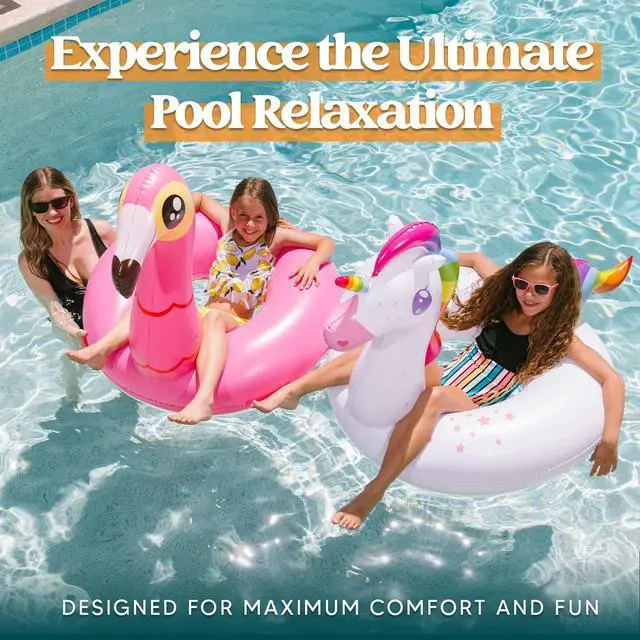 Alt view image 2 of 7 - 2-Pack Flamingo Unicorn Pool Float - Fun Floaties Inflatable Swimming Pool Tubes Toys Party Decorations, Summer Vacation Lake Beach Floaty Swim Rings Raft Lounger for Adults & Kids