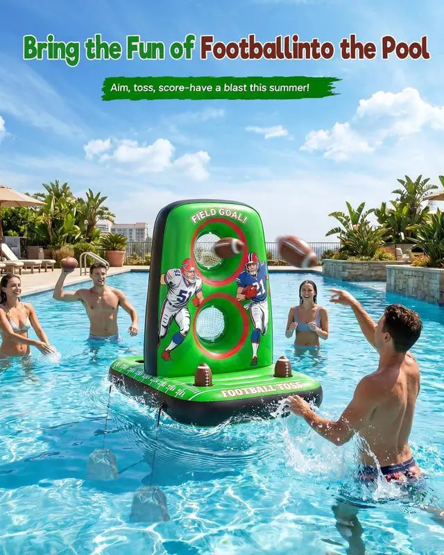 Alt view image 2 of 7 - Inflatable Football Toss Game for Pool Floating Water Football Target with 4 Balls & 2 Pumps, Stable Base Outdoor Backyard & Beach Games Summer Pool Party Game for Kids, Teen & Adults