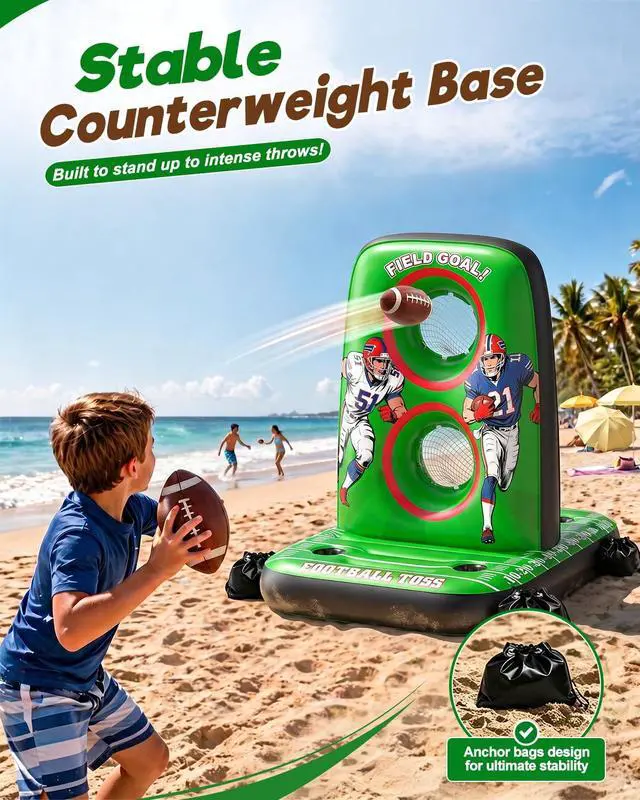 Alt view image 3 of 7 - Inflatable Football Toss Game for Pool Floating Water Football Target with 4 Balls & 2 Pumps, Stable Base Outdoor Backyard & Beach Games Summer Pool Party Game for Kids, Teen & Adults