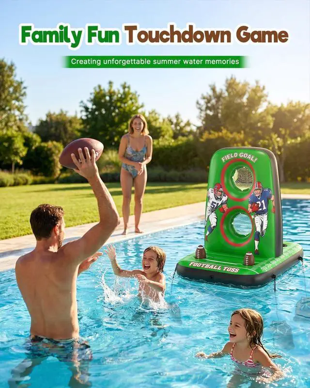 Alt view image 4 of 7 - Inflatable Football Toss Game for Pool Floating Water Football Target with 4 Balls & 2 Pumps, Stable Base Outdoor Backyard & Beach Games Summer Pool Party Game for Kids, Teen & Adults