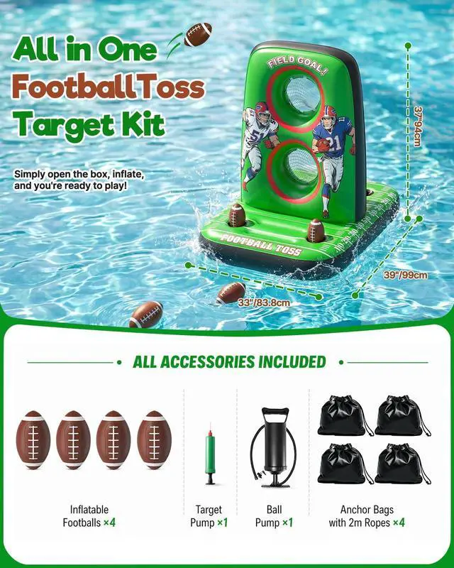 Alt view image 5 of 7 - Inflatable Football Toss Game for Pool Floating Water Football Target with 4 Balls & 2 Pumps, Stable Base Outdoor Backyard & Beach Games Summer Pool Party Game for Kids, Teen & Adults