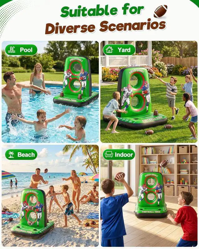 Alt view image 6 of 7 - Inflatable Football Toss Game for Pool Floating Water Football Target with 4 Balls & 2 Pumps, Stable Base Outdoor Backyard & Beach Games Summer Pool Party Game for Kids, Teen & Adults