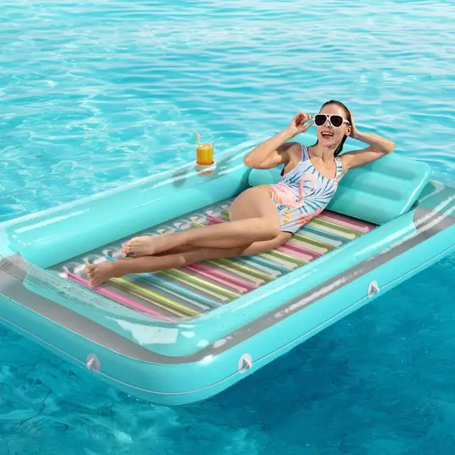 Alt view image 7 of 7 - 4 in 1 Inflatable Tanning Pool Lounger Float - Sunbathing Lounge Floatie Raft Toys, Water Filled Tanning Bed Mat Pad Blow Up Kiddie Pool with Ball Pit for Adult, Kids (L)