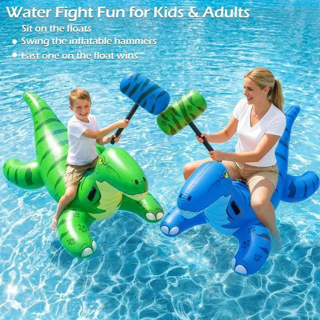 Alt view image 2 of 7 - Pool Games Toys Floats -2Pack Inflatable Dinosaur Pool Floats with Blow Up Toy Hammers Ride on Pool Floaties for Kids Teens Adults Lounge Raft Summer Lake Beach Party Decorations (GN&BU XL)