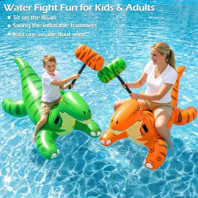 Alt view image 2 of 7 - Pool Games Toys Floats -2Pack Inflatable Dinosaur Pool Floats with Blow Up Toy Hammers Ride on Pool Floaties for Kids Teens Adults Lounge Raft Summer Lake Beach Party Decorations (GN&Org XL)
