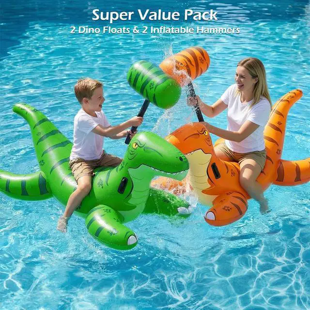 Alt view image 3 of 7 - Pool Games Toys Floats -2Pack Inflatable Dinosaur Pool Floats with Blow Up Toy Hammers Ride on Pool Floaties for Kids Teens Adults Lounge Raft Summer Lake Beach Party Decorations (GN&Org XL)
