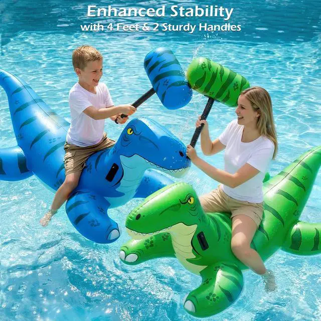 Alt view image 4 of 7 - Pool Games Toys Floats -2Pack Inflatable Dinosaur Pool Floats with Blow Up Toy Hammers Ride on Pool Floaties for Kids Teens Adults Lounge Raft Summer Lake Beach Party Decorations (GN&BU XL)