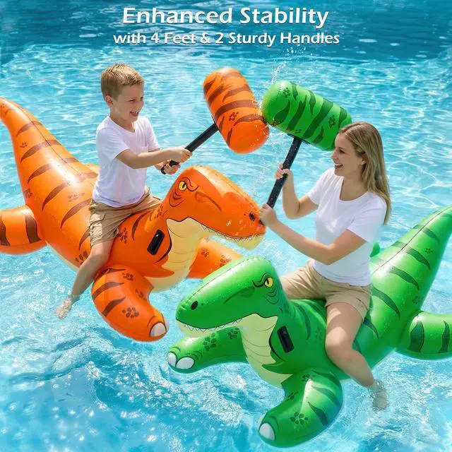 Alt view image 4 of 7 - Pool Games Toys Floats -2Pack Inflatable Dinosaur Pool Floats with Blow Up Toy Hammers Ride on Pool Floaties for Kids Teens Adults Lounge Raft Summer Lake Beach Party Decorations (GN&Org XL)