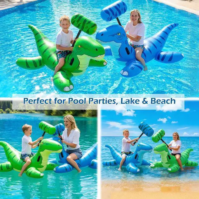 Alt view image 7 of 7 - Pool Games Toys Floats -2Pack Inflatable Dinosaur Pool Floats with Blow Up Toy Hammers Ride on Pool Floaties for Kids Teens Adults Lounge Raft Summer Lake Beach Party Decorations (GN&BU XL)