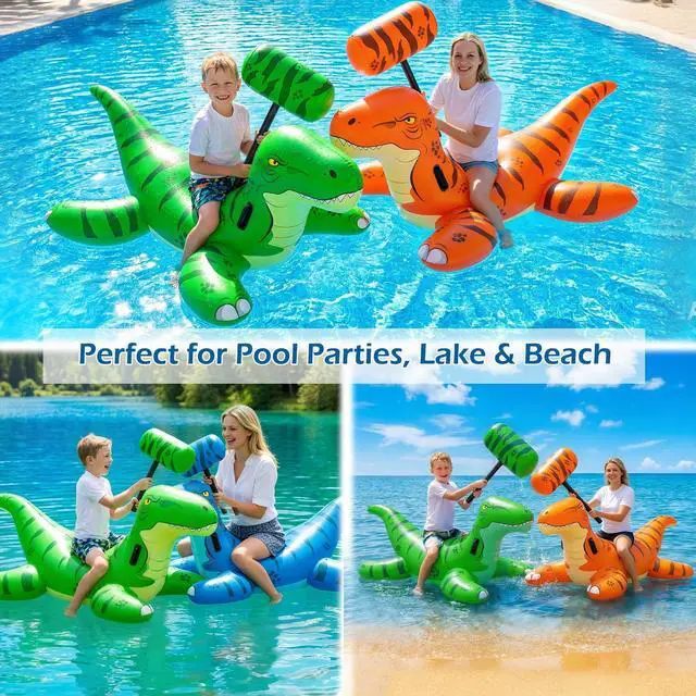 Alt view image 7 of 7 - Pool Games Toys Floats -2Pack Inflatable Dinosaur Pool Floats with Blow Up Toy Hammers Ride on Pool Floaties for Kids Teens Adults Lounge Raft Summer Lake Beach Party Decorations (GN&Org XL)