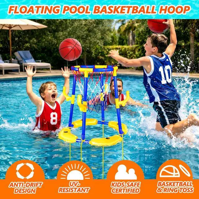 Alt view image 2 of 7 - Pool Basketball Hoop Floating with Anti-Tip & Anti-Drift Design, Basketball & Ring Toss Pool Toys for Kids Ages 4-8, 8-12, Summer Outdoor Water Toys Pool Games for Adults and Family