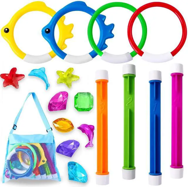 Main image of 18PCS Pool Diving Swimming Toys, Summer Underwater Game Toys with Pool Fishes Dive Sticks Rings Gems Storage Bag for Kids Swim Birthday Party Favors