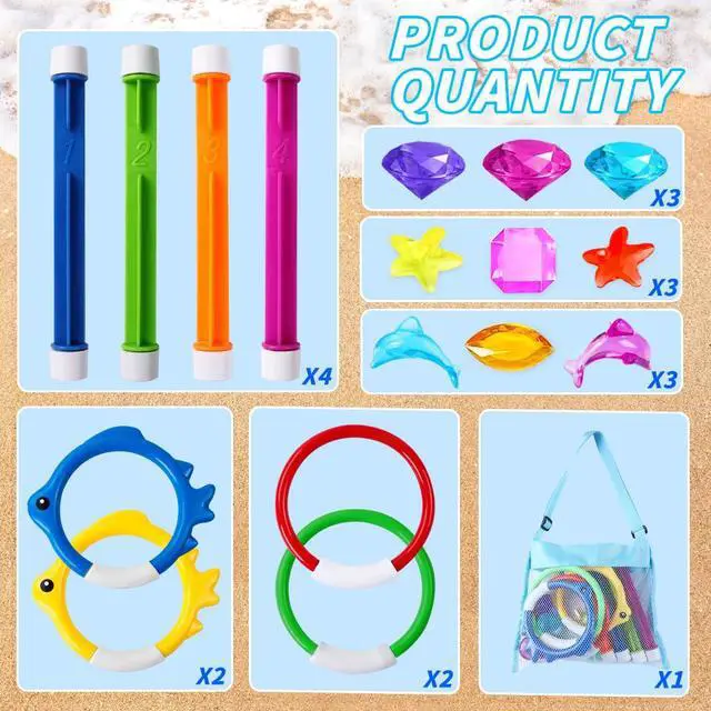 Alt view image 2 of 7 - 18PCS Pool Diving Swimming Toys, Summer Underwater Game Toys with Pool Fishes Dive Sticks Rings Gems Storage Bag for Kids Swim Birthday Party Favors