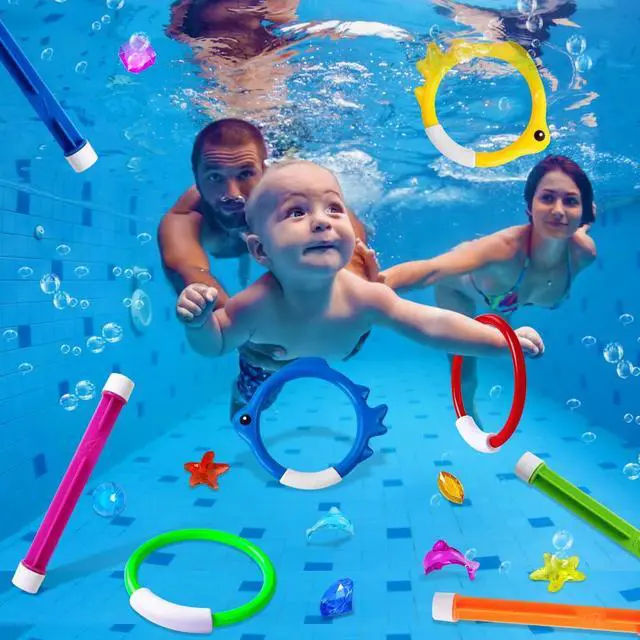 Alt view image 6 of 7 - 18PCS Pool Diving Swimming Toys, Summer Underwater Game Toys with Pool Fishes Dive Sticks Rings Gems Storage Bag for Kids Swim Birthday Party Favors