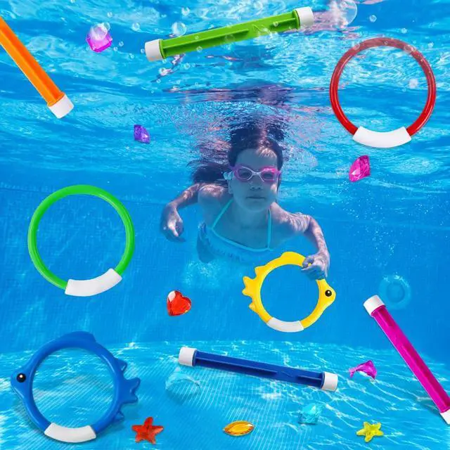 Alt view image 7 of 7 - 18PCS Pool Diving Swimming Toys, Summer Underwater Game Toys with Pool Fishes Dive Sticks Rings Gems Storage Bag for Kids Swim Birthday Party Favors