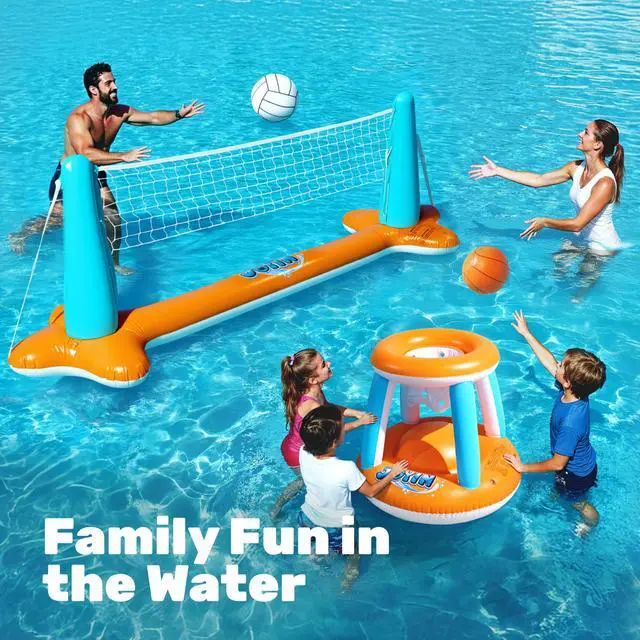 Alt view image 4 of 7 - Pool Toys Games Set-Inflatable Pool Float Set Volleyball Net & Basketball Hoops, 2 in1 Floating Swimming Game Toy, Volleyball Swimming Pool Game for Kids and Adults, Backyard Beach Summer Toys