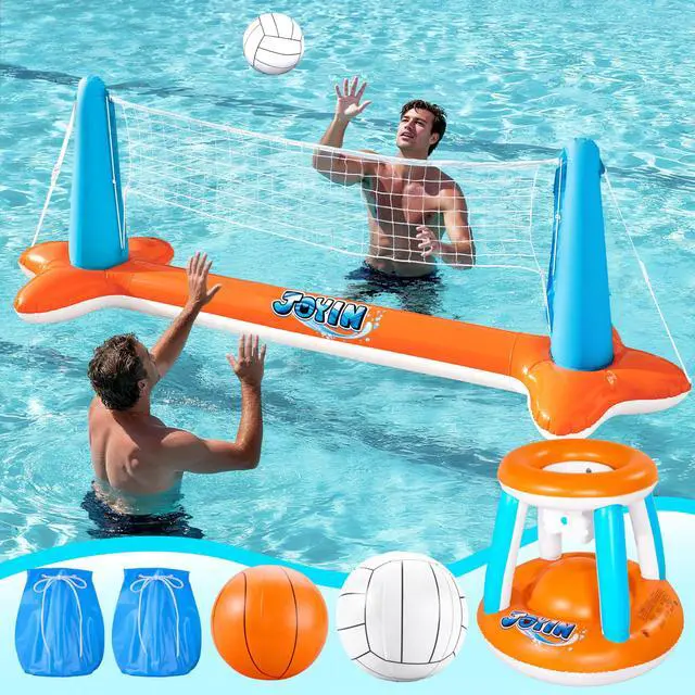 Alt view image 2 of 7 - Pool Toys Games Set-Inflatable Pool Float Set Volleyball Net & Basketball Hoops, 2 in1 Floating Swimming Game Toy, Volleyball Swimming Pool Game for Kids and Adults, Backyard Beach Summer Toys
