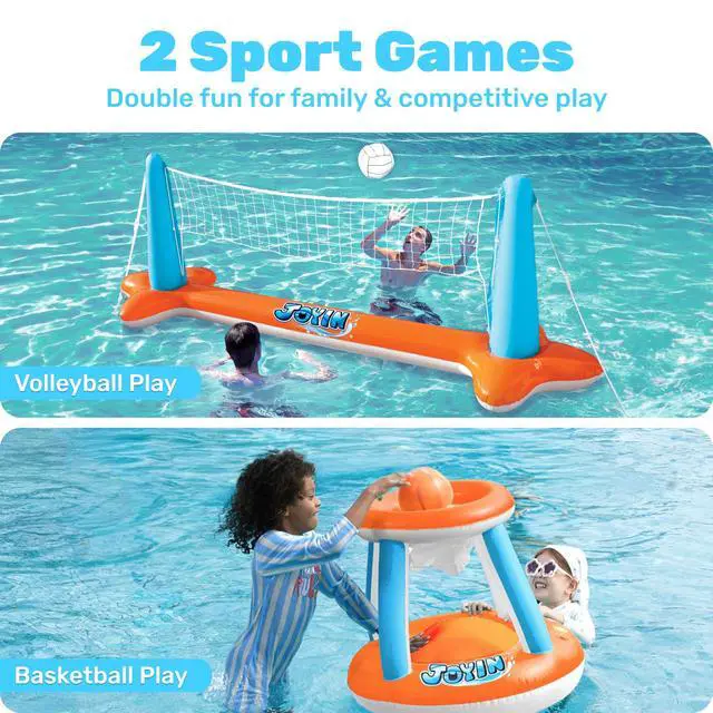 Alt view image 3 of 7 - Pool Toys Games Set-Inflatable Pool Float Set Volleyball Net & Basketball Hoops, 2 in1 Floating Swimming Game Toy, Volleyball Swimming Pool Game for Kids and Adults, Backyard Beach Summer Toys