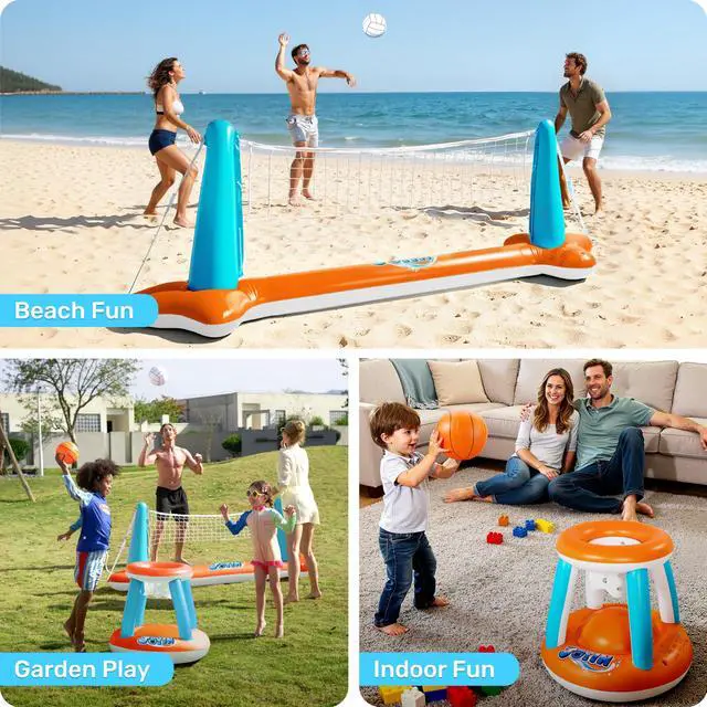 Alt view image 7 of 7 - Pool Toys Games Set-Inflatable Pool Float Set Volleyball Net & Basketball Hoops, 2 in1 Floating Swimming Game Toy, Volleyball Swimming Pool Game for Kids and Adults, Backyard Beach Summer Toys