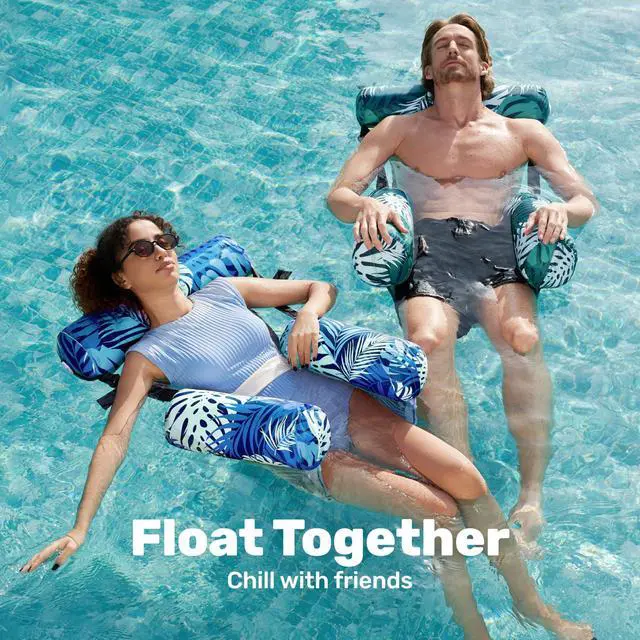 Alt view image 3 of 7 - Pool Floats Adult, 2 Packs Inflatable Pool Lounge Chairs,Blow up Hammock Pool Noodles Floats for Adults,Floating Water Chair for Pool Party Lake River Water Fun(Tropical Leaves-Green,Blue)