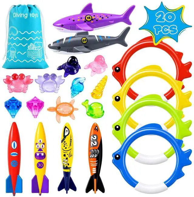 Main image of 20Pcs Summer Pool Diving Swimming Toys for Kids Ages 3-12, Fun Swim Games Sinking Set, Underwater Dive Gifts with Storage Bag Include Torpedo Gems Shark Rings Sea Animals for Boys Girls Toddlers