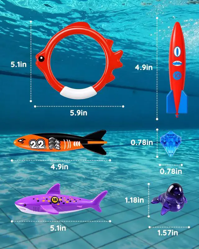 Alt view image 2 of 7 - 20Pcs Summer Pool Diving Swimming Toys for Kids Ages 3-12, Fun Swim Games Sinking Set, Underwater Dive Gifts with Storage Bag Include Torpedo Gems Shark Rings Sea Animals for Boys Girls Toddlers