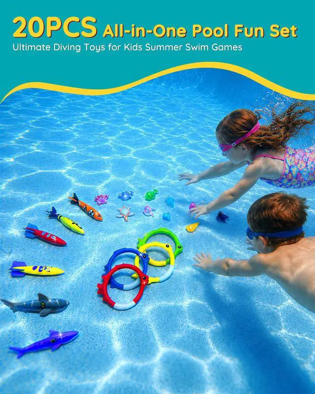 Alt view image 3 of 7 - 20Pcs Summer Pool Diving Swimming Toys for Kids Ages 3-12, Fun Swim Games Sinking Set, Underwater Dive Gifts with Storage Bag Include Torpedo Gems Shark Rings Sea Animals for Boys Girls Toddlers
