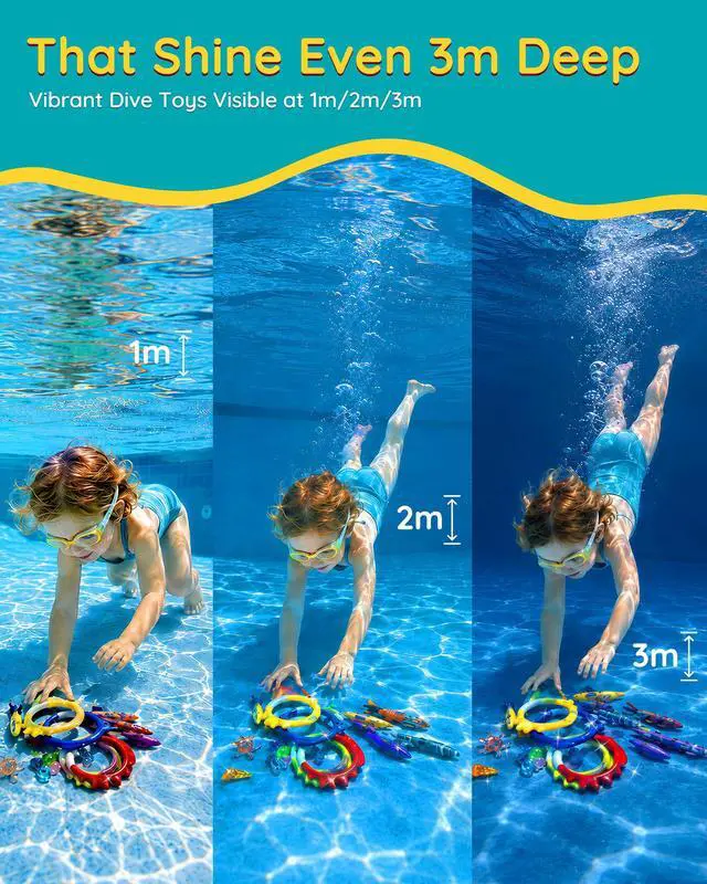 Alt view image 5 of 7 - 20Pcs Summer Pool Diving Swimming Toys for Kids Ages 3-12, Fun Swim Games Sinking Set, Underwater Dive Gifts with Storage Bag Include Torpedo Gems Shark Rings Sea Animals for Boys Girls Toddlers