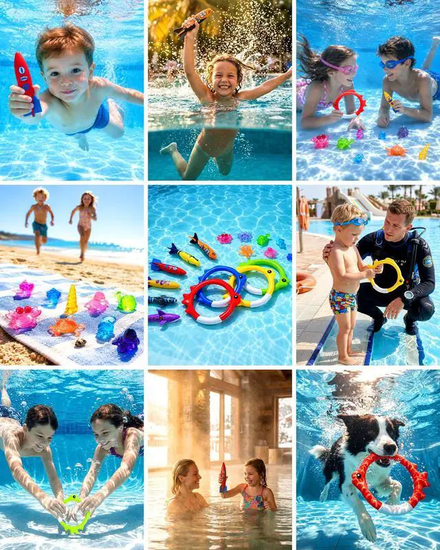 Alt view image 7 of 7 - 20Pcs Summer Pool Diving Swimming Toys for Kids Ages 3-12, Fun Swim Games Sinking Set, Underwater Dive Gifts with Storage Bag Include Torpedo Gems Shark Rings Sea Animals for Boys Girls Toddlers