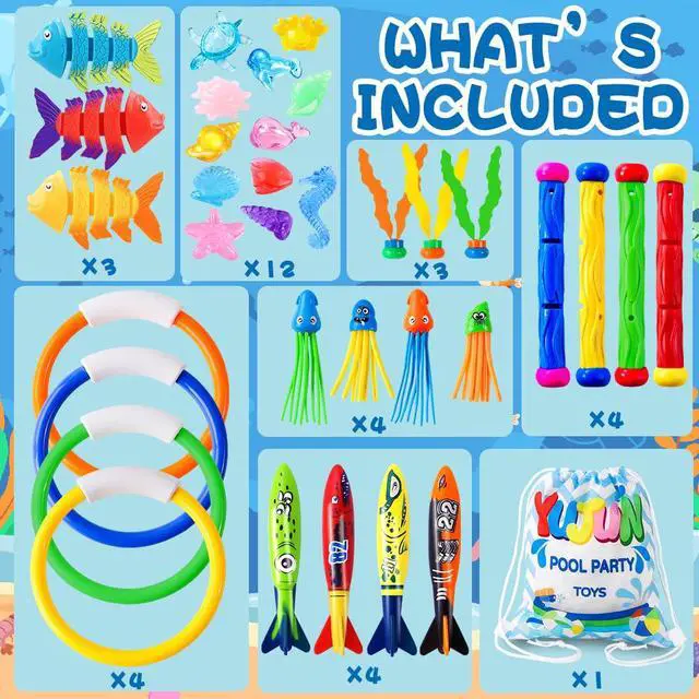 Alt view image 2 of 7 - 35PCS Pool Diving Swimming Toys, Summer Underwater Game Toys with Pool Fishes Dive Sticks Rings Gems Storage Bag for Kids Swim Birthday Party Favors