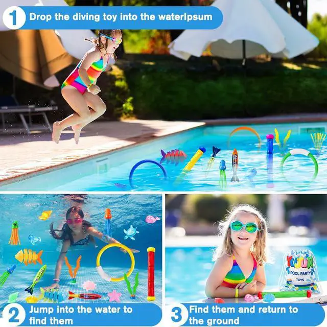 Alt view image 3 of 7 - 35PCS Pool Diving Swimming Toys, Summer Underwater Game Toys with Pool Fishes Dive Sticks Rings Gems Storage Bag for Kids Swim Birthday Party Favors