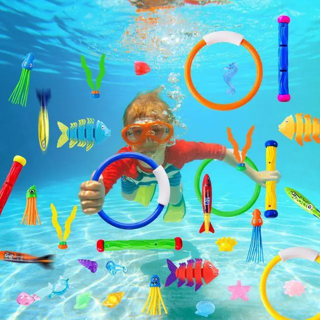 Alt view image 4 of 7 - 35PCS Pool Diving Swimming Toys, Summer Underwater Game Toys with Pool Fishes Dive Sticks Rings Gems Storage Bag for Kids Swim Birthday Party Favors