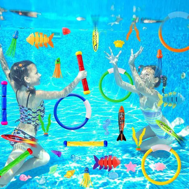 Alt view image 5 of 7 - 35PCS Pool Diving Swimming Toys, Summer Underwater Game Toys with Pool Fishes Dive Sticks Rings Gems Storage Bag for Kids Swim Birthday Party Favors