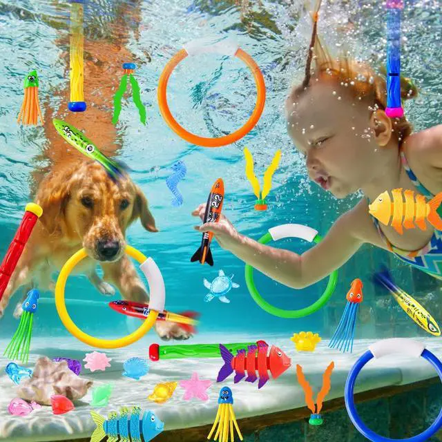 Alt view image 6 of 7 - 35PCS Pool Diving Swimming Toys, Summer Underwater Game Toys with Pool Fishes Dive Sticks Rings Gems Storage Bag for Kids Swim Birthday Party Favors