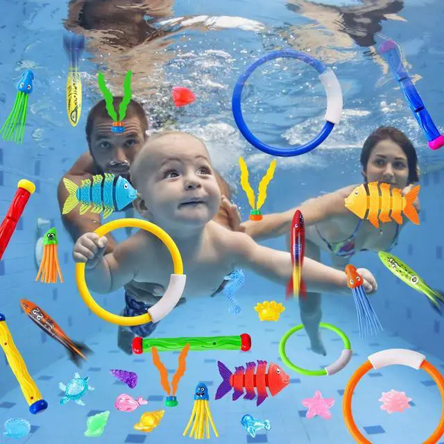 Alt view image 7 of 7 - 35PCS Pool Diving Swimming Toys, Summer Underwater Game Toys with Pool Fishes Dive Sticks Rings Gems Storage Bag for Kids Swim Birthday Party Favors