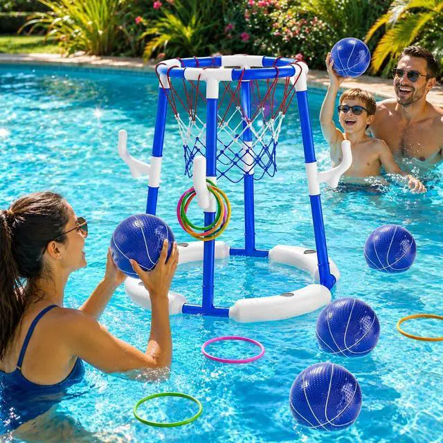 Alt view image 2 of 6 - 2-in-1 Pool Basketball Hoop & Ring Games with 4 Balls 12 Rings and Pump, Summer Water Outdoor Party Swimming Pool Toys Games for Kids Ages 4-8 8-12 Adult, Family Water Party Birthday Games Toys