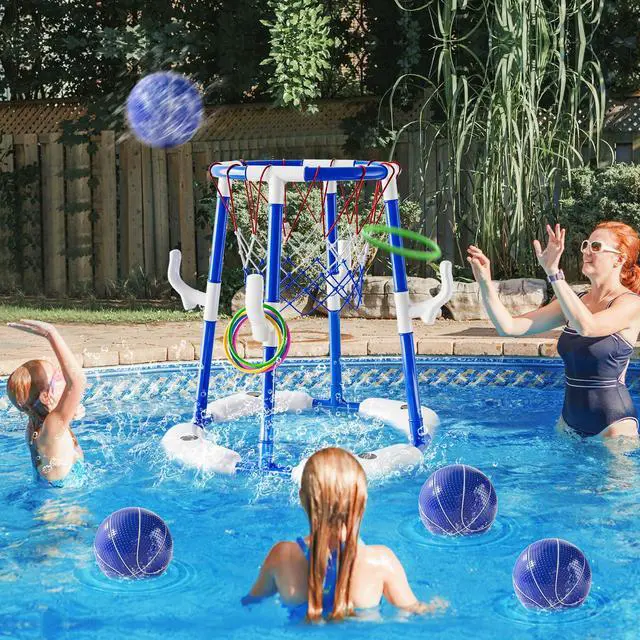 Alt view image 4 of 6 - 2-in-1 Pool Basketball Hoop & Ring Games with 4 Balls 12 Rings and Pump, Summer Water Outdoor Party Swimming Pool Toys Games for Kids Ages 4-8 8-12 Adult, Family Water Party Birthday Games Toys