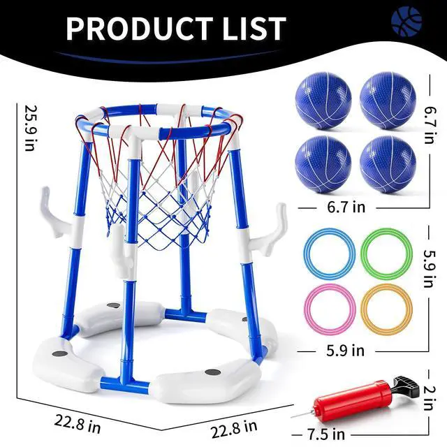 Alt view image 5 of 6 - 2-in-1 Pool Basketball Hoop & Ring Games with 4 Balls 12 Rings and Pump, Summer Water Outdoor Party Swimming Pool Toys Games for Kids Ages 4-8 8-12 Adult, Family Water Party Birthday Games Toys
