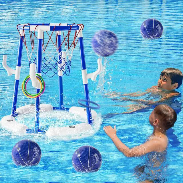 Alt view image 3 of 6 - 2-in-1 Pool Basketball Hoop & Ring Games with 4 Balls 12 Rings and Pump, Summer Water Outdoor Party Swimming Pool Toys Games for Kids Ages 4-8 8-12 Adult, Family Water Party Birthday Games Toys