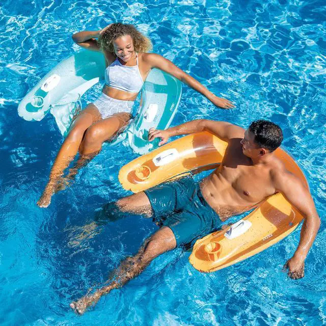 Alt view image 3 of 7 - Float Inflatable Pool Float: Pool Lounge with Built-in Cup Holders Heavy-Duty Handles 220lb Weight Capacity 58" x 39" Colors May Vary