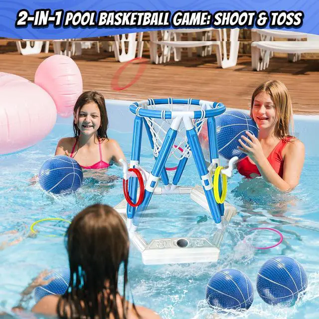 Alt view image 2 of 7 - 2-in-1 Pool Basketball Hoop & Ring Games, Summer Water Outdoor Party Pool Toys for Kids Ages 4-8, 8-12, Summer Outdoor Water Toys Pool Games for Adults and Family Birthday Pool Basketball Games Toys