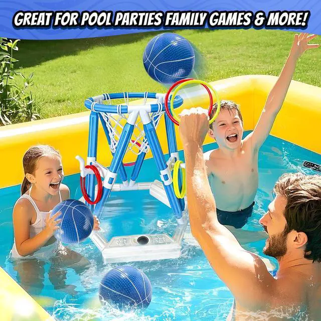 Alt view image 3 of 7 - 2-in-1 Pool Basketball Hoop & Ring Games, Summer Water Outdoor Party Pool Toys for Kids Ages 4-8, 8-12, Summer Outdoor Water Toys Pool Games for Adults and Family Birthday Pool Basketball Games Toys