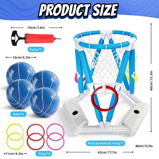 Alt view image 5 of 7 - 2-in-1 Pool Basketball Hoop & Ring Games, Summer Water Outdoor Party Pool Toys for Kids Ages 4-8, 8-12, Summer Outdoor Water Toys Pool Games for Adults and Family Birthday Pool Basketball Games Toys