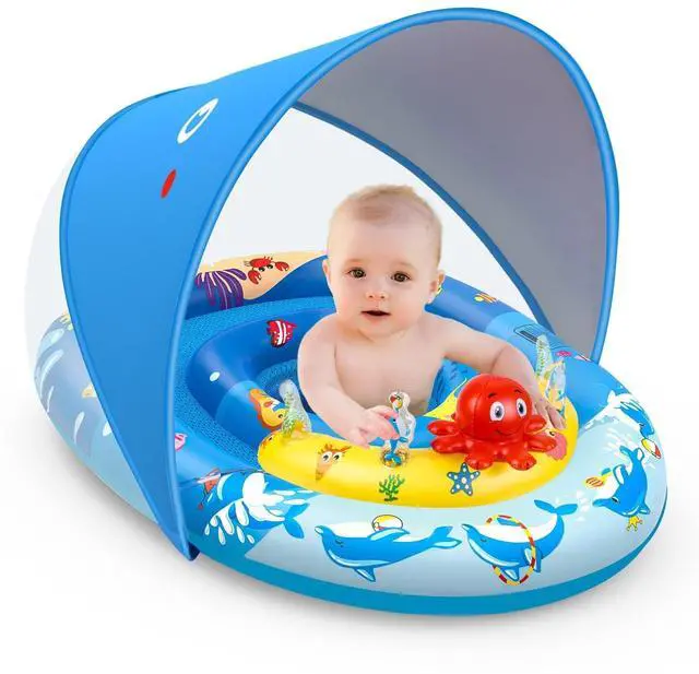 Main image of Baby Pool Float with Canopy UPF50+ Sun Protection, Inflatable Kids Pool Floats with Ocean Animal Toys for Babies 6-36 Months, Infant Swimming Float with Adjustable Safety Seat for Boys Girls