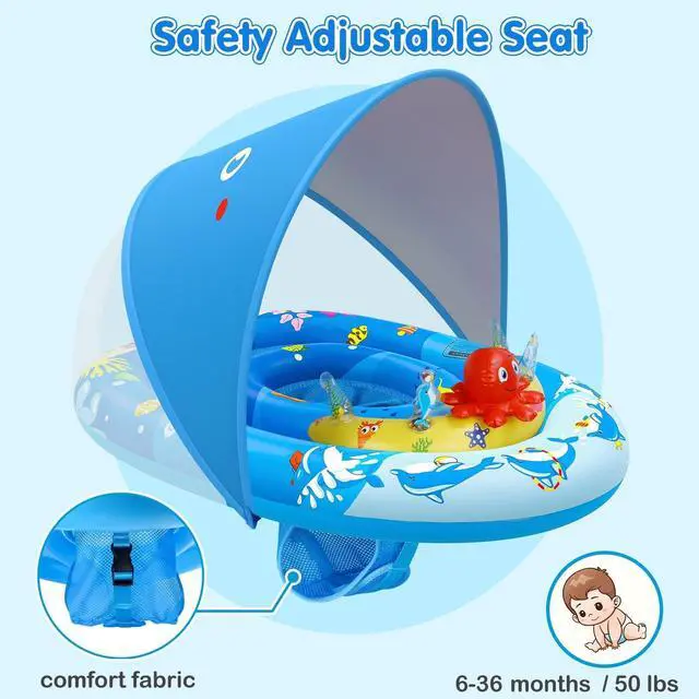 Alt view image 4 of 7 - Baby Pool Float with Canopy UPF50+ Sun Protection, Inflatable Kids Pool Floats with Ocean Animal Toys for Babies 6-36 Months, Infant Swimming Float with Adjustable Safety Seat for Boys Girls