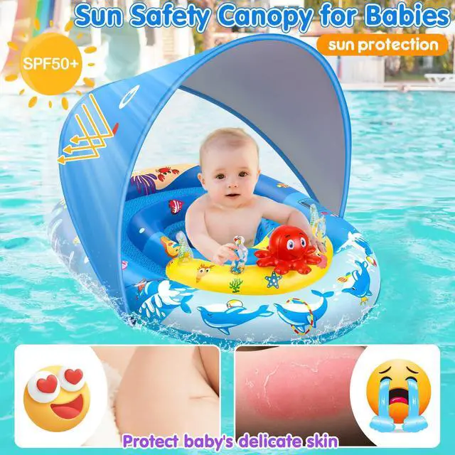 Alt view image 3 of 7 - Baby Pool Float with Canopy UPF50+ Sun Protection, Inflatable Kids Pool Floats with Ocean Animal Toys for Babies 6-36 Months, Infant Swimming Float with Adjustable Safety Seat for Boys Girls