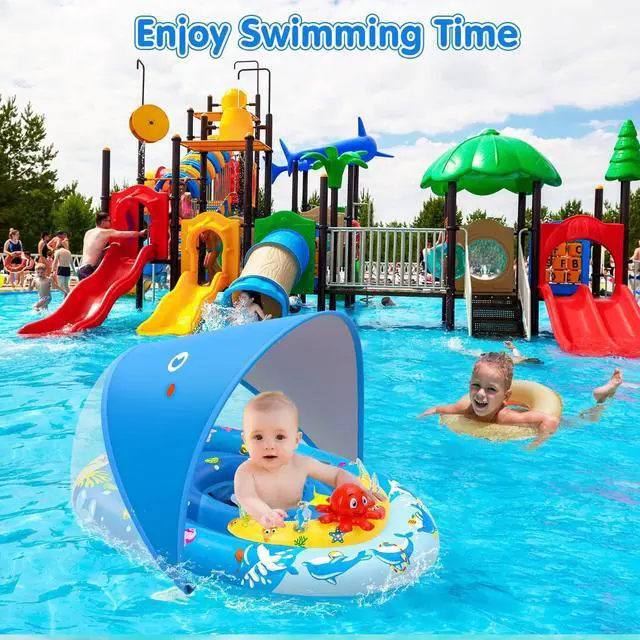 Alt view image 6 of 7 - Baby Pool Float with Canopy UPF50+ Sun Protection, Inflatable Kids Pool Floats with Ocean Animal Toys for Babies 6-36 Months, Infant Swimming Float with Adjustable Safety Seat for Boys Girls