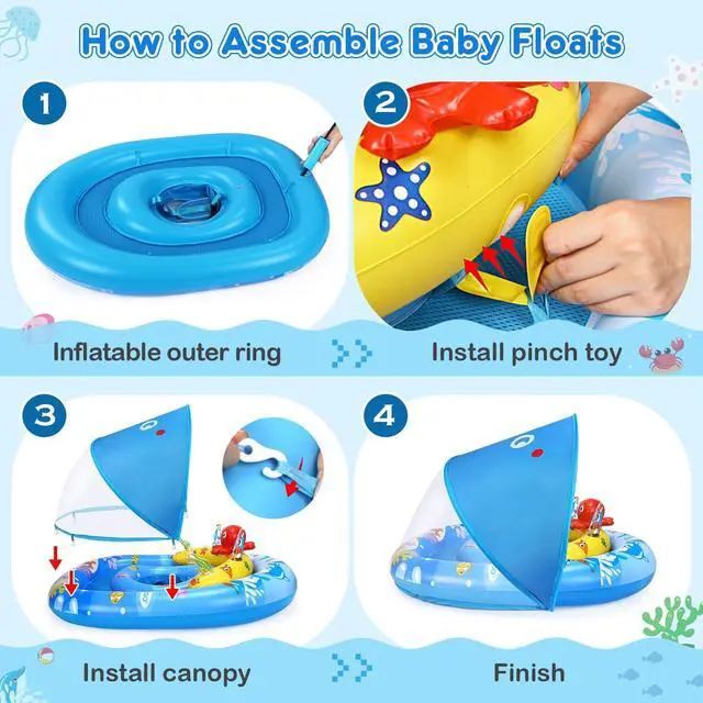 Alt view image 7 of 7 - Baby Pool Float with Canopy UPF50+ Sun Protection, Inflatable Kids Pool Floats with Ocean Animal Toys for Babies 6-36 Months, Infant Swimming Float with Adjustable Safety Seat for Boys Girls