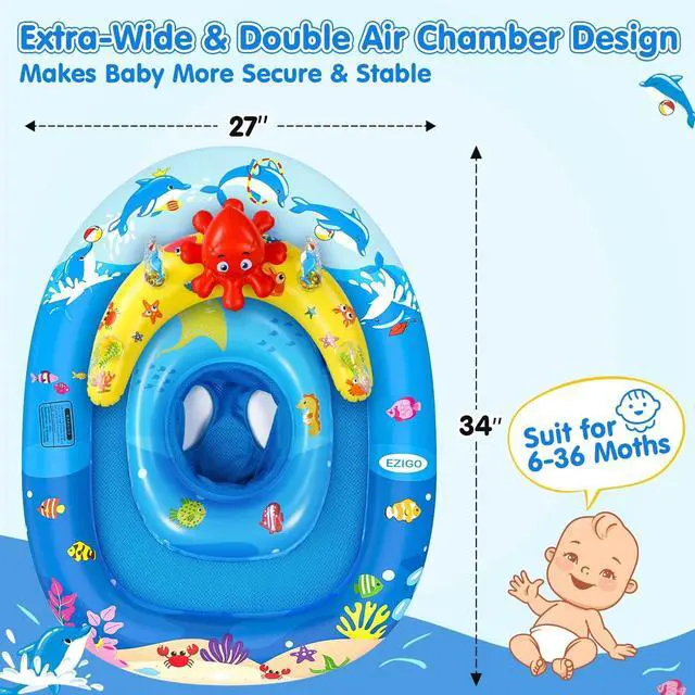 Alt view image 5 of 7 - Baby Pool Float with Canopy UPF50+ Sun Protection, Inflatable Kids Pool Floats with Ocean Animal Toys for Babies 6-36 Months, Infant Swimming Float with Adjustable Safety Seat for Boys Girls